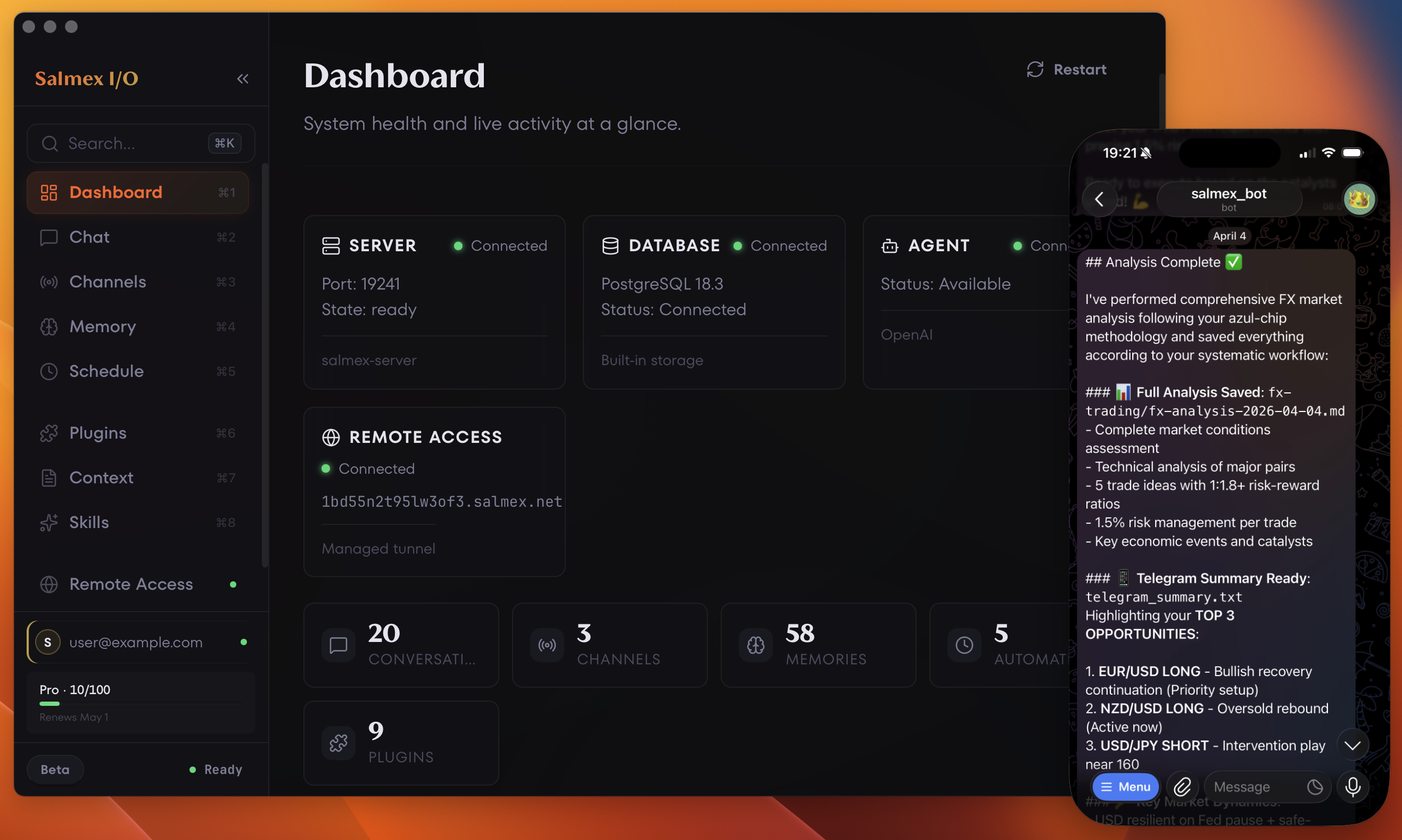 Salmex I/O dashboard showing server, database, and agent status, with a live Telegram conversation delivering an FX market analysis